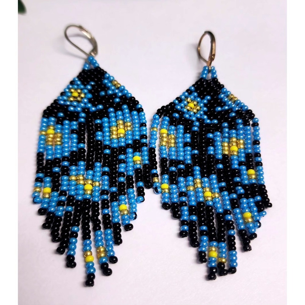 Blue Black Floral Seed Bead Earrings Fringe Flower Dangle